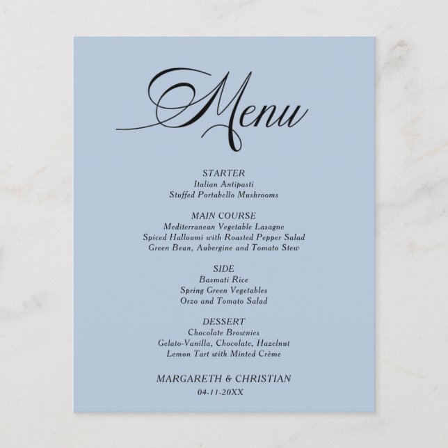 Menu de Casamento Minimalista Azul Dusty Elegante  (Frente)
