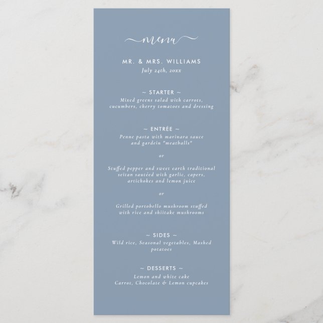 Menu de Casamento Minimalista Azul Moderno (Frente)