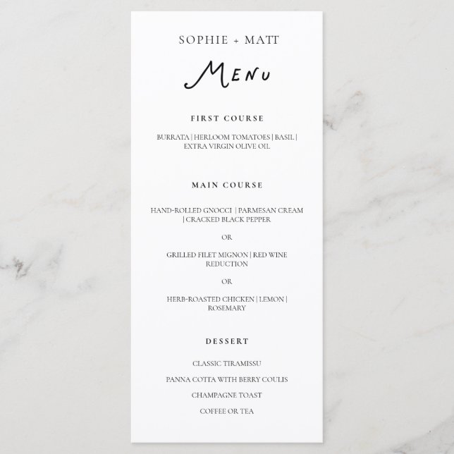 Menu de Casamento Minimalista Caligrafia Caprichos (Frente)