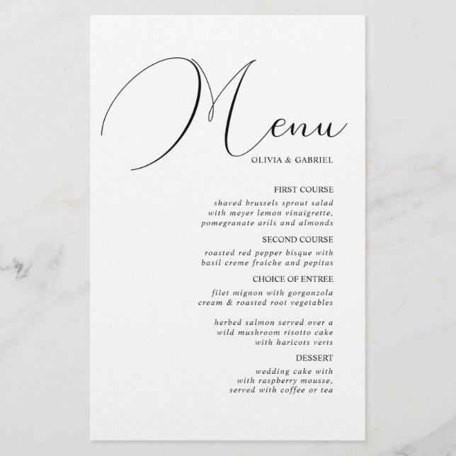 Menu de casamento minimalista da Caligrafia branca (Frente)
