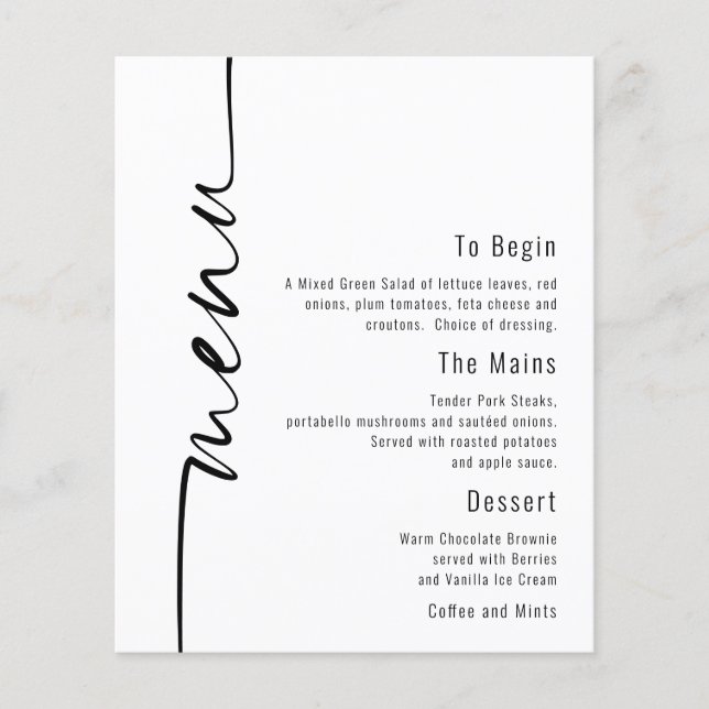 Menu de Casamento Minimalista da Caligrafia Orçame (Frente)
