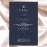 Menu de Casamento Minimalista Elegante Azul-marinh<br><div class="desc">Melhore sua recepção de casamento com nosso sofisticado Cartão de Menu Azul de Casamento do Marinho. Criado com fonte serif de eterno, este menu elegante mostra cada curso delicioso, fornecendo uma busca refinada e polida pelas configurações de mesa. A cor azul-marinho profunda adiciona um toque de luxo e combina lindamente...</div>