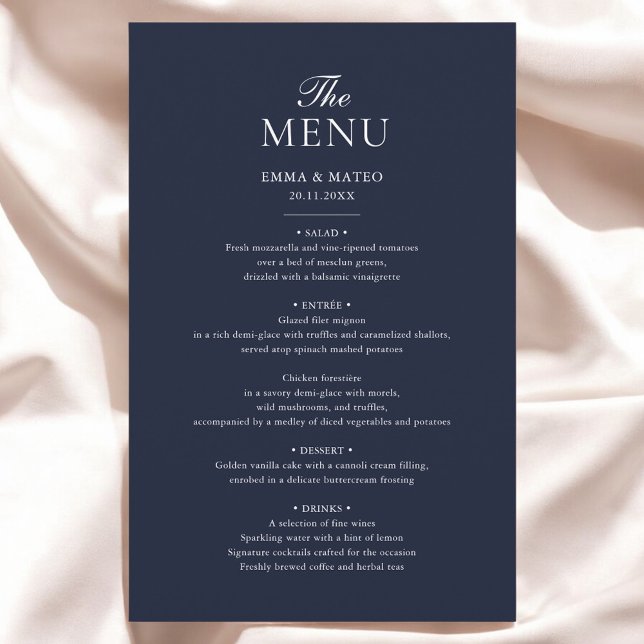 Menu de Casamento Minimalista Elegante Azul-marinh (Criador carregado)