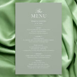Menu de Casamento Minimalista Elegante Verde Sage<br><div class="desc">Eleve sua recepção de casamento com nosso Cartão de Menu Elegante de Casamento, com uma fonte serif refinada que complementa perfeitamente sua sofisticada celebração. A cor verde macia adiciona um charme subestimado, criando um eterno e uma sensação luxuosa para seus convidados. Este cartão de menu perfeitamente elaborado garante que seus...</div>