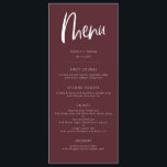 Menu de Casamento Minimalista Merlot Modern<br><div class="desc">Cartão moderno minimalista de janto de casamento com fonte boho. A cor de fundo está em vermelho comum com textos brancos.</div>