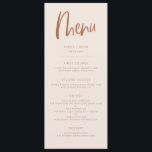 Menu de Casamento Minimalista Moderno e Rosa Esmag<br><div class="desc">Cartão moderno minimalista de janto de casamento com fonte boho. A cor de fundo está em cor-de-rosa pincelado com textos de terracota.</div>