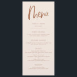 Menu de Casamento Minimalista Moderno e Rosa Esmag<br><div class="desc">Cartão moderno minimalista de janto de casamento com fonte boho. A cor de fundo está em cor-de-rosa pincelado com textos de terracota.</div>