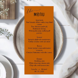 Menu de casamento minimalista queimado de laranja
