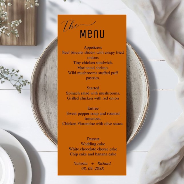 Menu de casamento minimalista queimado de laranja  (Criador carregado)