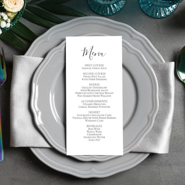 Menu de Casamento Minimalista Simples (Wedding menu card with a simple black and white calligraphy script.)