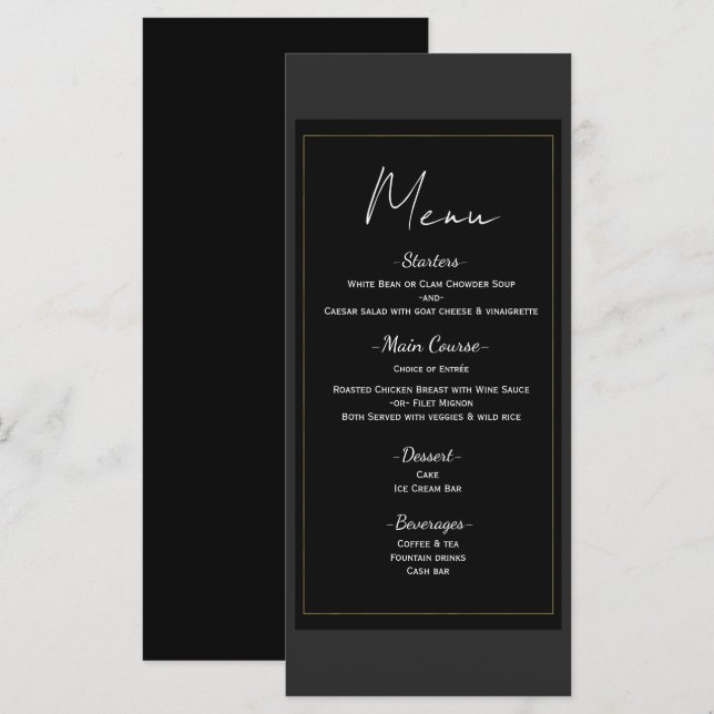 Menu de Casamento Mínimo Dourado da Cinza Negra (Frente/Verso)