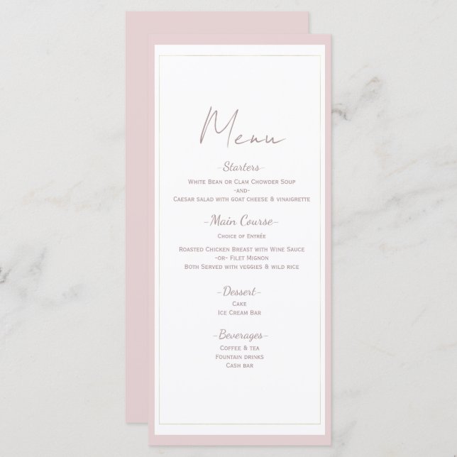 Menu de Casamento Mínimo Dourado e Rosa Ostra (Frente/Verso)
