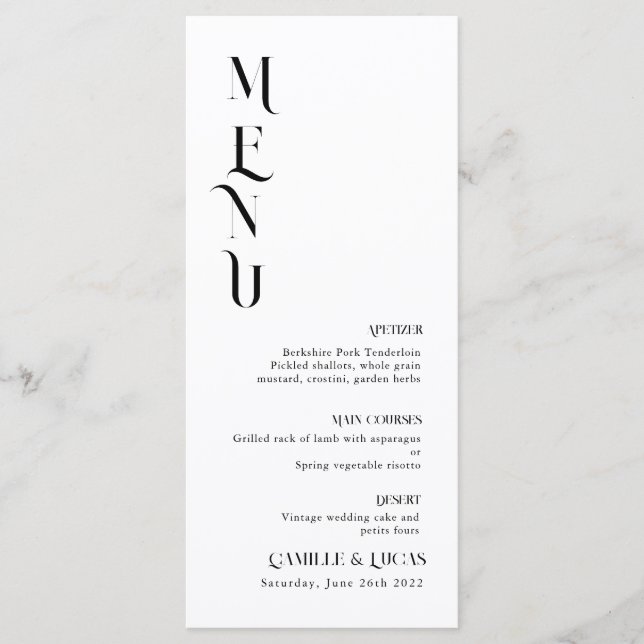 Menu de Casamento Mínimo e Chic Black and Whit (Frente)