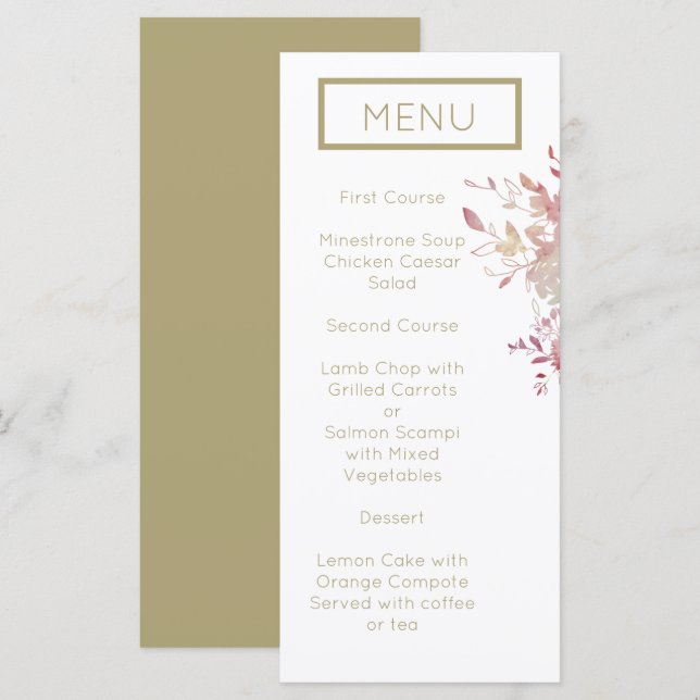 Menu de Casamento Mínimo Moderno Rosa e Dourado (Frente/Verso)