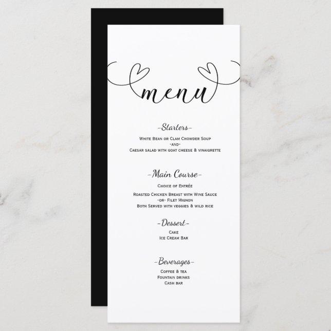 Menu de Casamento Mínimo Preto e Branco dos Coraçõ (Frente/Verso)