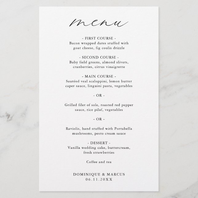 Menu de Casamento Moderno com Caligrafia Elegante (Frente)