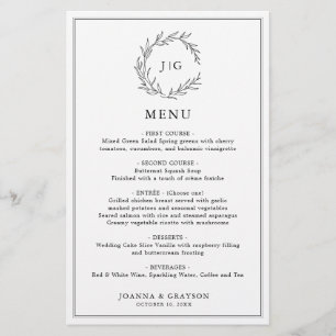 Menu de Casamento Moderno de Folha Negra e Branca 