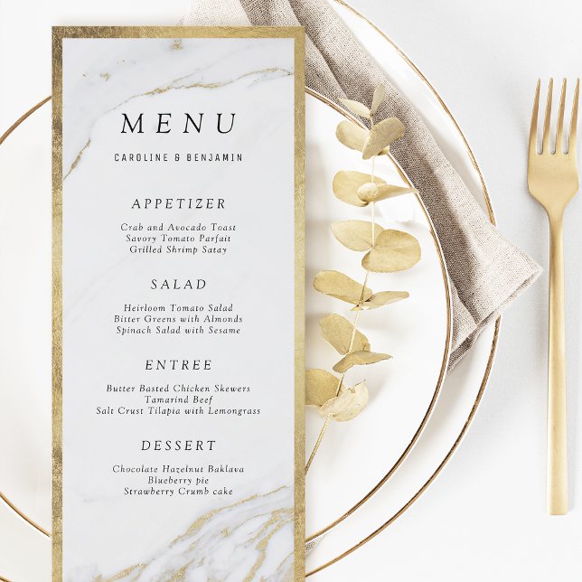 Menu de casamento moderno de luxo de folha de ouro (Faux gold foil marble luxury modern wedding menu)