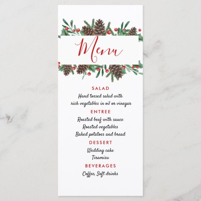 Menu de Casamento Moderno de Natal Pinecone Red Be (Frente)