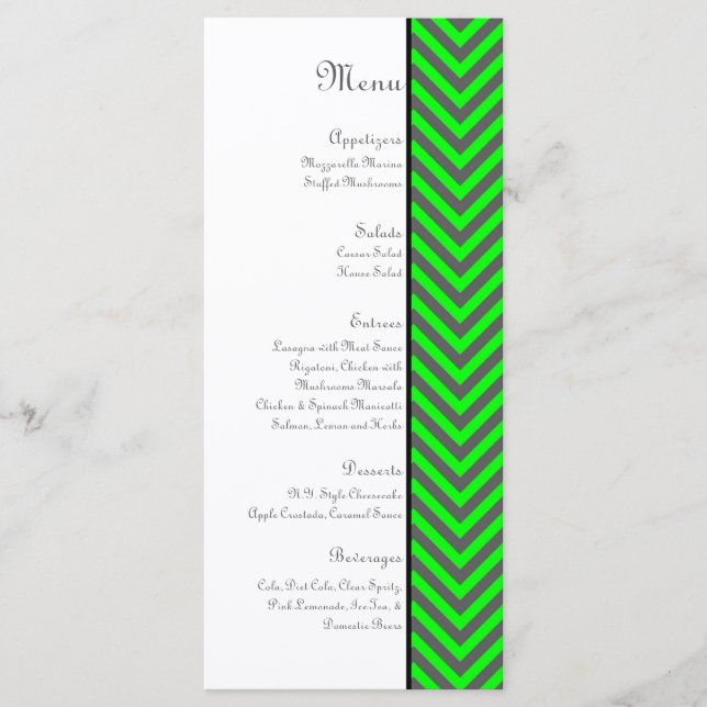 Menu de Casamento Moderno de Neon Verde/Cinza Chev (Frente)