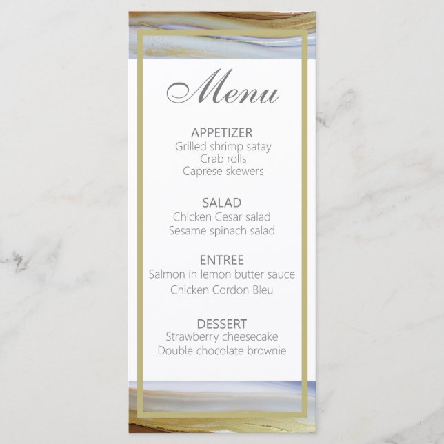 Menu de casamento moderno de ouro azul-elegante (Frente)