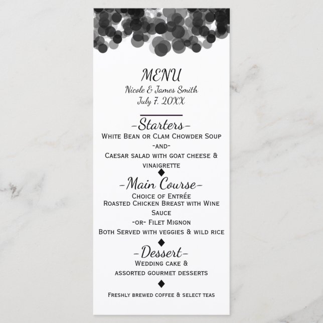 Menu de Casamento Moderno de Pontos Caviares Preto (Frente)