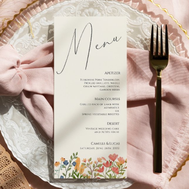 Menu de Casamento Moderno de Script de Flor Selvag (Criador carregado)