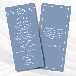 Menu de Casamento Moderno do Monograma Branco Azul