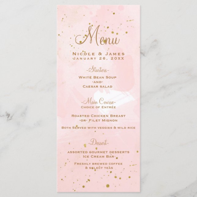 Menu de Casamento Moderno do Tabuleiro Rosa e Dour (Frente)