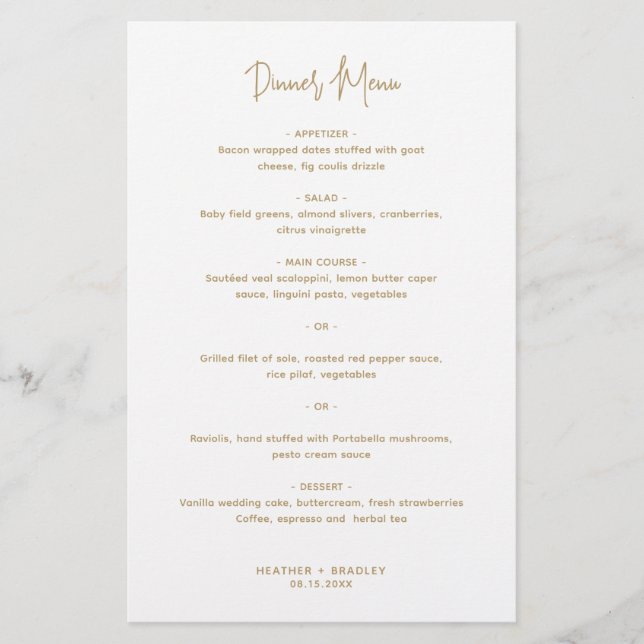 Menu de Casamento Moderno Dourado Minimalista (Frente)