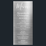 Menu de Casamento Moderno e Elegante de Silver de<br><div class="desc">Menu de Casamento de Folha de Aço Inoxidável Metálico Moderno e Silver de Luxo. Este moderno Menu de Casamento de Script pode ser personalizado para incluir os nomes do noivo e do noivo, a data do casamento e as opções do menu janto de casamento. Este Menu faz parte de uma...</div>