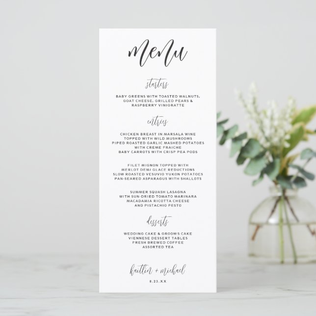Menu de Casamento Moderno Elegante | 4 x 9 | Preto (Em pé/Frente)