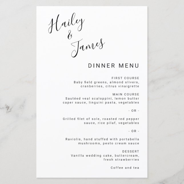 Menu de Casamento Moderno Elegante Branco e Negro  (Frente)