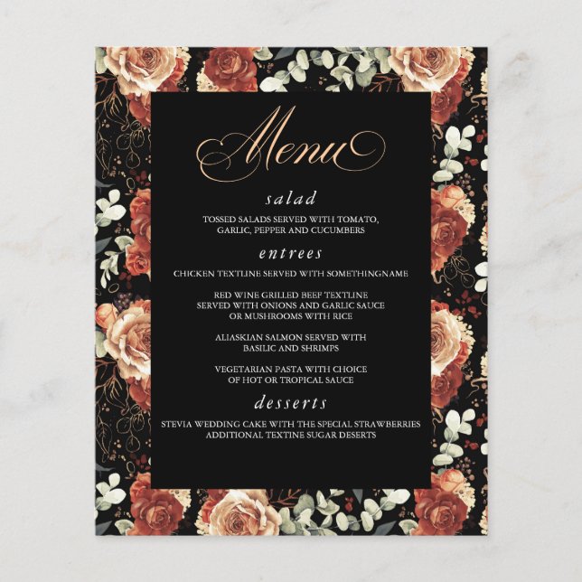 Menu de Casamento Moderno Elegante de Black and Te (Frente)