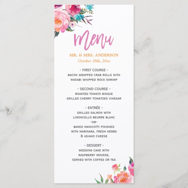 Menu de Casamento Moderno Floral de Linda Aquarela (Frente)