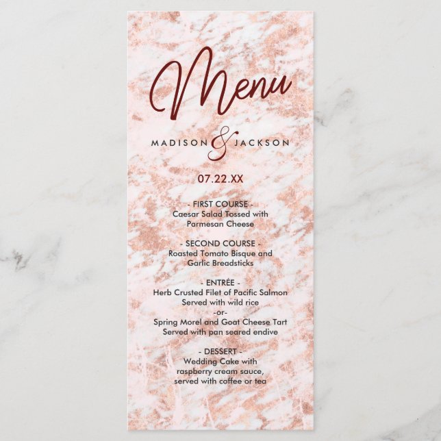 Menu de Casamento Moderno Marmoreado Dourado da Bo (Frente)
