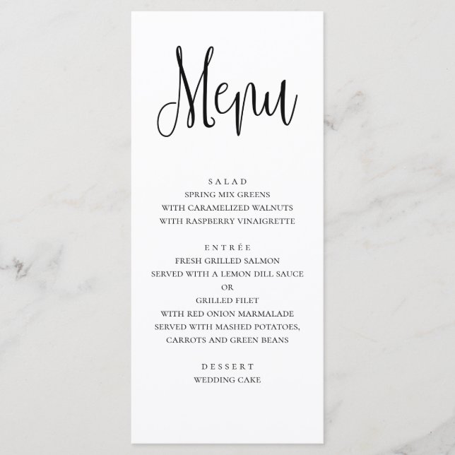 Menu de casamento moderno. Menu janto preto e bran (Frente)