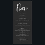 Menu de Casamento Moderno Minimalista Negro de Car<br><div class="desc">Cartão moderno minimalista de janto de casamento com fonte boho. A cor de fundo está em preto de carvão com textos brancos.</div>