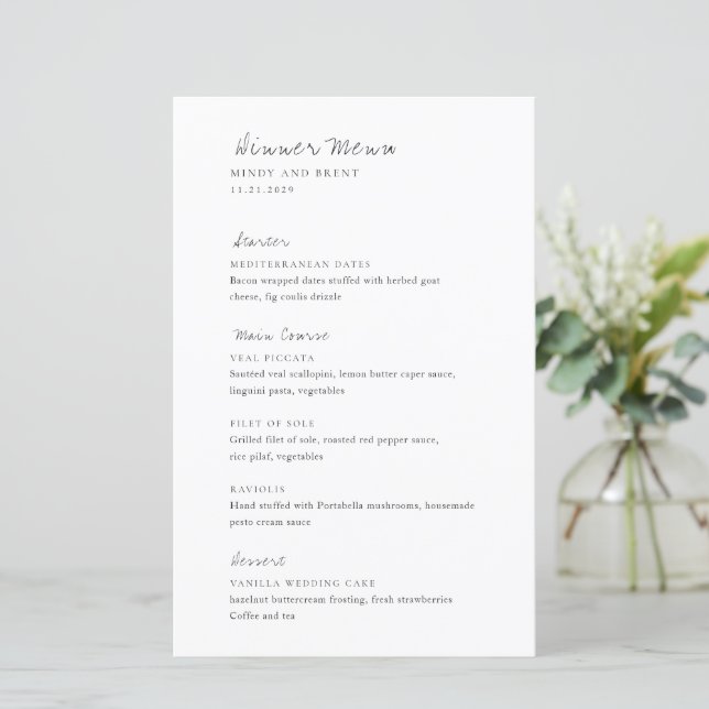 Menu de Casamento Moderno Mínimo Preto e Branco (Em pé/Frente)