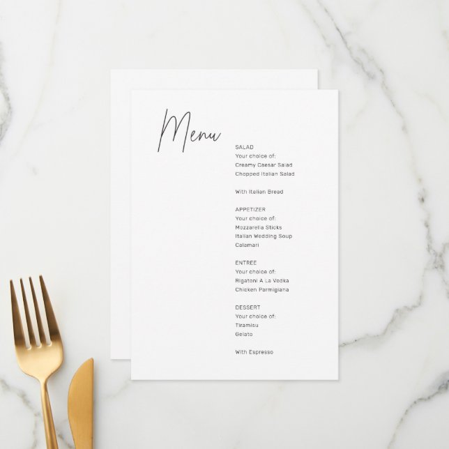 Menu de Casamento Moderno Mínimo Preto e Branco (Frente/Verso In Situ)