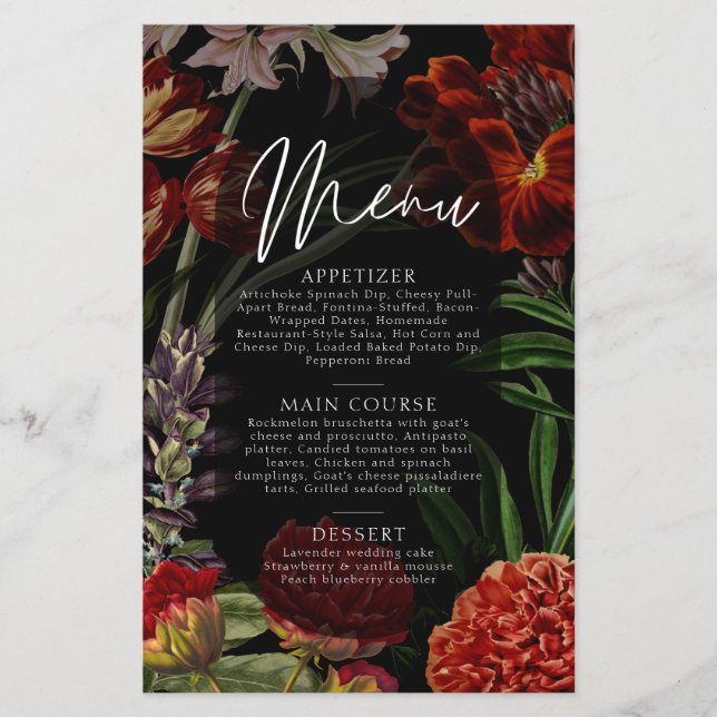 Menu de Casamento Moody Floral Escuro (Frente)