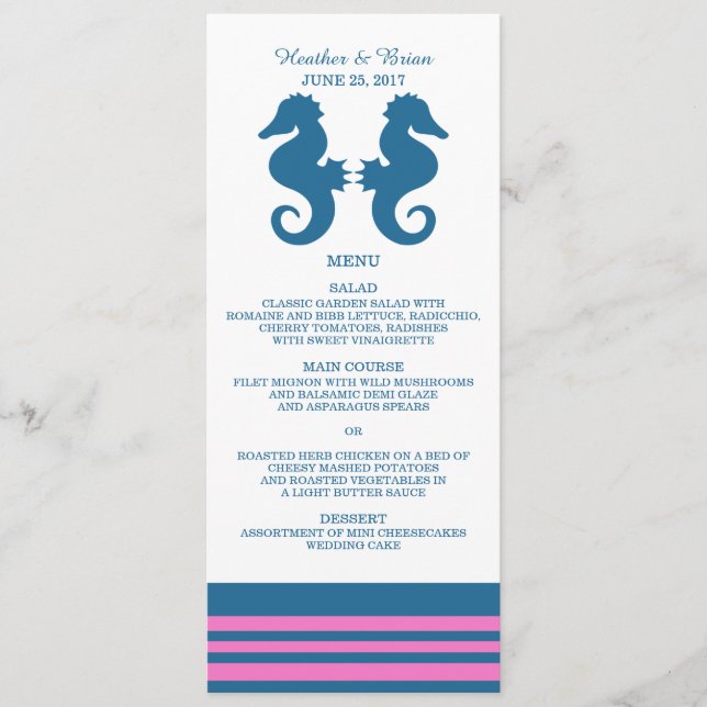 Menu de Casamento Náutico de Cavalo de Mar Azul Ro (Frente)