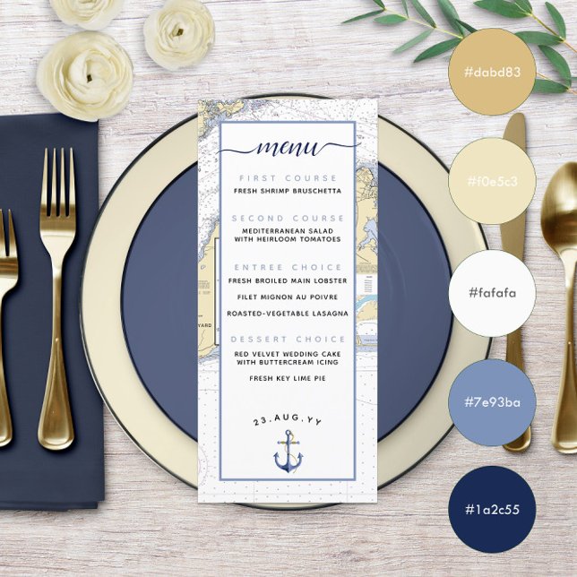 Menu de Casamento Náutico de Martha's Vineyard ⚓ (Martha's Vineyard ⚓ Nautical Wedding Menu in Muted Blue and Pale Yellow with Color Swatches )