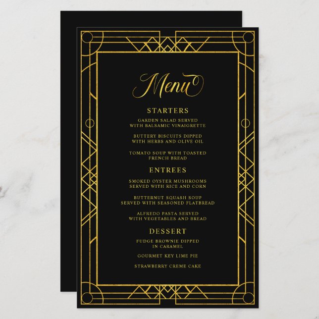 Menu de Casamento Negro de Quadro Dourado Geométri (Frente/Verso)