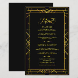 Menu de Casamento Negro de Quadro Dourado Geométri
