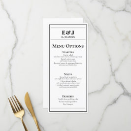 Menu de Casamento Negro e Branco Minimalista