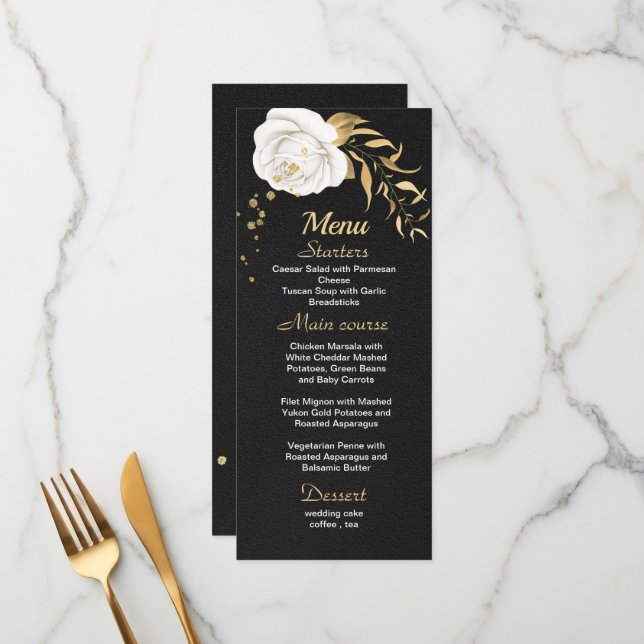 menu de casamento negro floral de ouro branco (Frente/Verso In Situ)