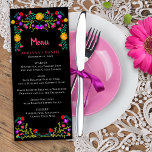 Menu de Casamento Negro Floral do Fiesta Mexicano<br><div class="desc">Menu Vibrante e bonito para um casamento ou qualquer outra ocasião especial. Este tema floral mexicano apresenta flores coloridas de arte folclórica mexicana em vermelho, rosa, roxo e amarelo em fundo preto. A parte de trás do cartão tem um buquê floral feito das mesmas flores de fiesta. O modelo está...</div>