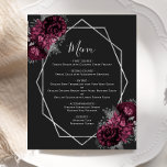 Menu de Casamento Negro Floral Silver Silver Flora<br><div class="desc">Este elegante cardápio moderno de casamento apresenta uma estrutura geométrica prateada decorada com buquês florais de burgundy e prata sobre fundo preto. O texto personalizável combina a escrita manual imétrica de cinzas prateadas,  a placa de cobre e as fontes itálicas. O reverso é preto sólido.</div>