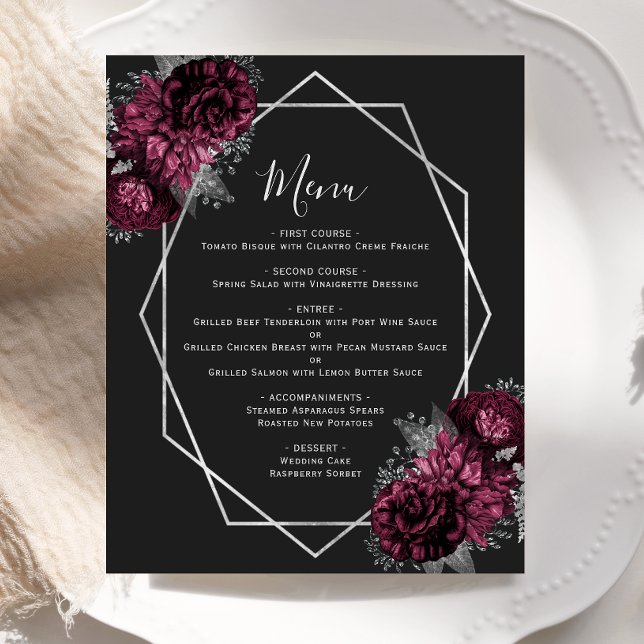 Menu de Casamento Negro Floral Silver Silver Flora (Criador carregado)